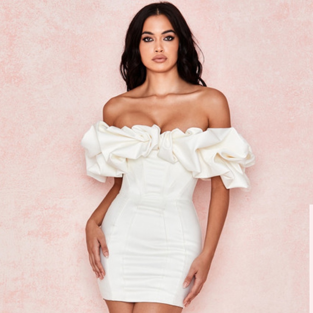 IVORY SATIN RUFFLE STRAPLESS DRESS